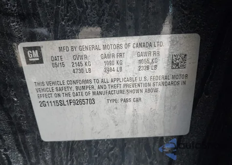 2015 Chevrolet Impala 1Lt из США, поврежденный, VIN 2G1115SL1F9265703